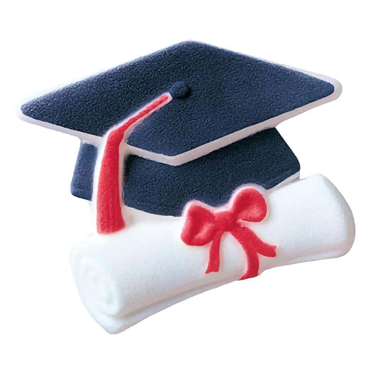 Edible graduation cap and diploma scroll decoration set measuring 1 inch, crafted with attention to detail for adding a festive touch to graduation desserts. These ready-to-use edible toppers are available at Lynn's Cake, Candy, and Chocolate Supplies for a hassle-free celebration.