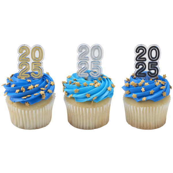 Assortment of '2025' cupcake topper picks in gold, black, and silver, perfect for celebrating the graduating class of 2025. These festive toppers add a personalized touch to cupcakes and are available at Lynn's Cake, Candy, and Chocolate Supplies.