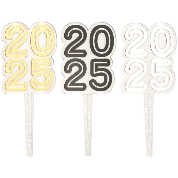 Elegant '2025' cupcake topper picks, available in gold, black, and silver for a classy graduation celebration. These toppers are designed to make your desserts stand out, available at Lynn's Cake, Candy, and Chocolate Supplies.