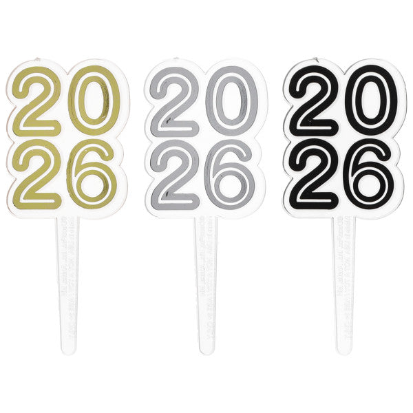 Elegant '2026' cupcake topper picks, available in gold, black, and silver for a classy graduation celebration. These toppers are designed to make your desserts stand out, available at Lynn's Cake, Candy, and Chocolate Supplies.