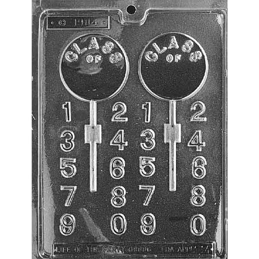 Clear plastic graduation chocolate lollipop mold with two round “Class of” lollipop cavities and separate number cavities (0–9) for customizing the year, on a dark background.