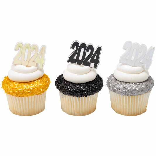 Assortment of '2024' cupcake topper picks in gold, black, and silver, perfect for celebrating the graduating class of 2024. These festive toppers add a personalized touch to cupcakes and are available at Lynn's Cake, Candy, and Chocolate Supplies.