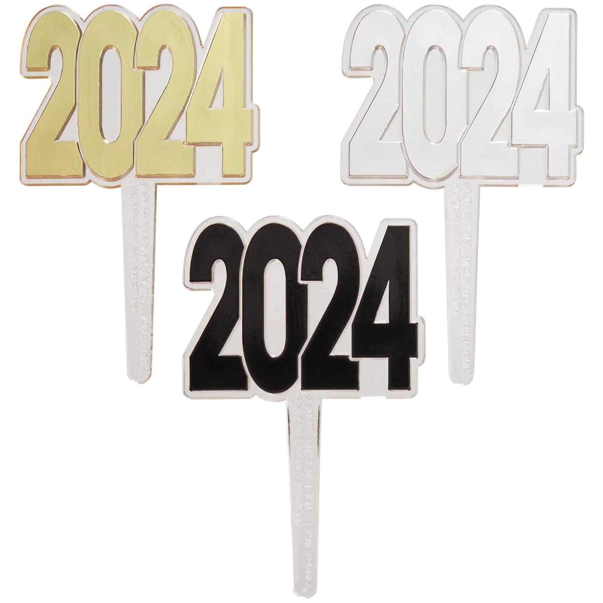 Elegant '2024' cupcake topper picks, available in gold, black, and silver for a classy graduation celebration. These toppers are designed to make your desserts stand out, available at Lynn's Cake, Candy, and Chocolate Supplies.