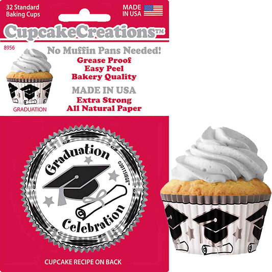 Pack of 32 standard-size graduation-themed cupcake liners, featuring a black cap and diploma design on a white background, grease-proof and easy to peel for convenient baking. Find these durable, all-natural paper baking cups at Lynn's Cake, Candy, and Chocolate Supplies.