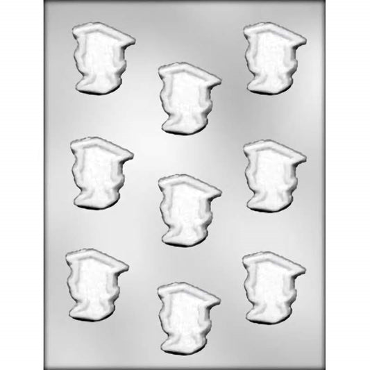 An image of a chocolate mold with multiple cavities, each shaped like the silhouette of a girl in a graduation cap. This design is classic for celebrating academic achievements and would be a hit at any graduation event.
