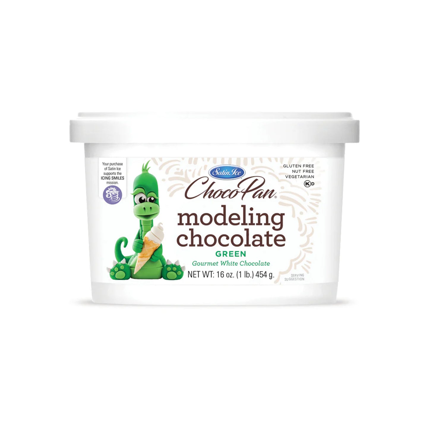 Satin Ice ChocoPan green modeling chocolate tub, 16 oz, gourmet white chocolate.
