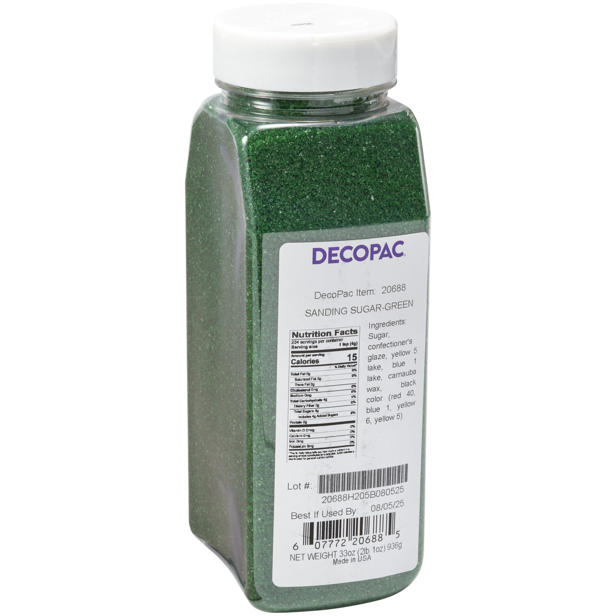 DecoPac Green Sanding Sugar in a 33 oz clear plastic shaker container with a white lid, filled with dark green sugar crystals, item #20688.