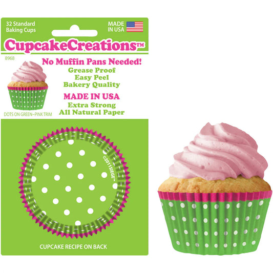 Green w/Dots and Pink Border Standard No Pan Baking Cups