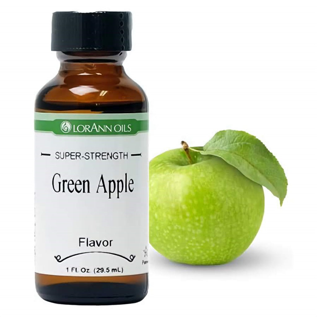 LorAnn Oils Super Strength Green Apple Flavor, 1 fl oz, displayed with a crisp green apple, illustrating the tart and refreshing apple flavor.