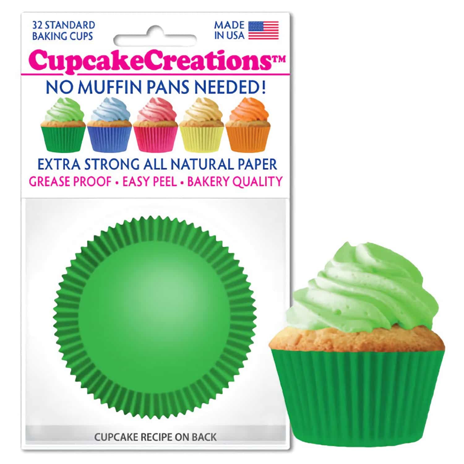 Pack of thirty-two standard-sized green baking cups, featuring extra-strong all-natural paper, greaseproof and easy-peel qualities for a professional bakery look, ideal for making St. Patrick's Day themed cupcakes or muffins.