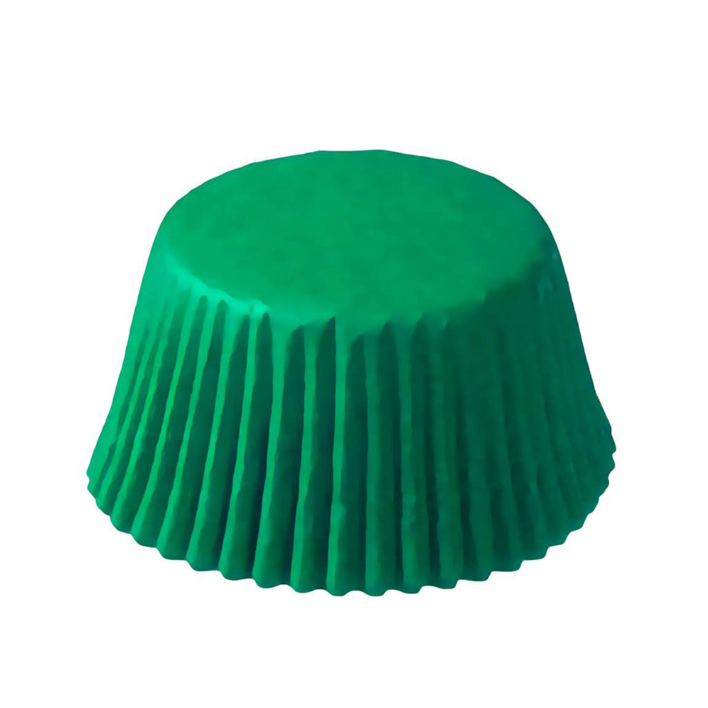 Standard-sized green greaseproof baking cups, shown from the top. The bright green color and greaseproof material help maintain their appearance, making them suitable for various celebrations and events.