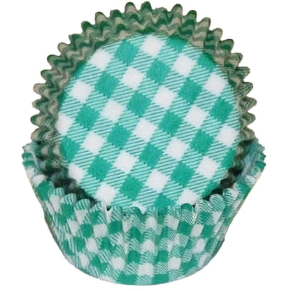 Green gingham baking cup, standard size, 36 count. Features a green and white checkered pattern, stacked in a nesting arrangement.