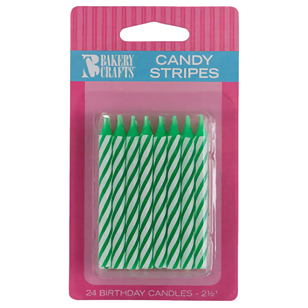 Green striped birthday candles with white stripes, displayed in a 24-pack. Each candle is 2-1/2 inches tall, packaged in a pink and blue box.