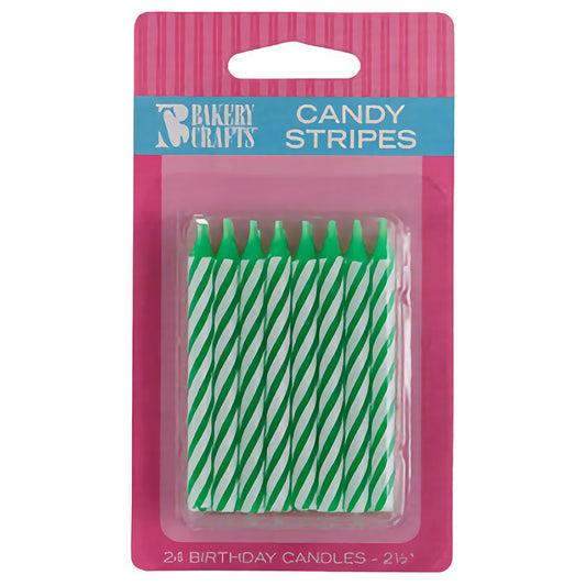 Green striped birthday candles with white stripes, displayed in a 24-pack. Each candle is 2-1/2 inches tall, packaged in a pink and blue box.