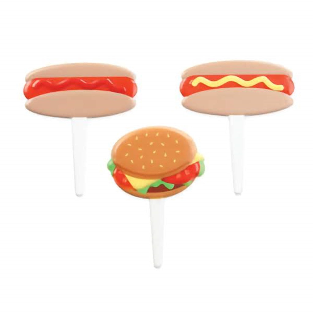 Grilling food cupcake topper picks, featuring miniature hot dogs and hamburgers, great for adding a touch of fun to any summer barbecue or picnic-themed cakes.