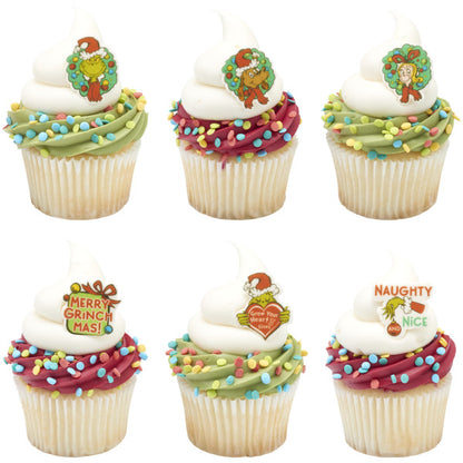 Six vanilla cupcakes with white frosting swirls and colorful sprinkle confetti, each topped with a different Grinch themed pressed sugar decoration including wreath characters, “Merry Grinchmas,” “Grow Your Heart 3 Sizes,” and “Naughty and Nice.”