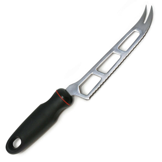 Close-up of GRIP-EZ knife featuring cut-out blade design for smooth slicing of soft cheeses and delicate cakes.