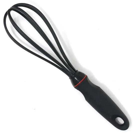 Black GRIP-EZ whisk with ergonomic handle, designed for nonstick cookware and high heat resistance.