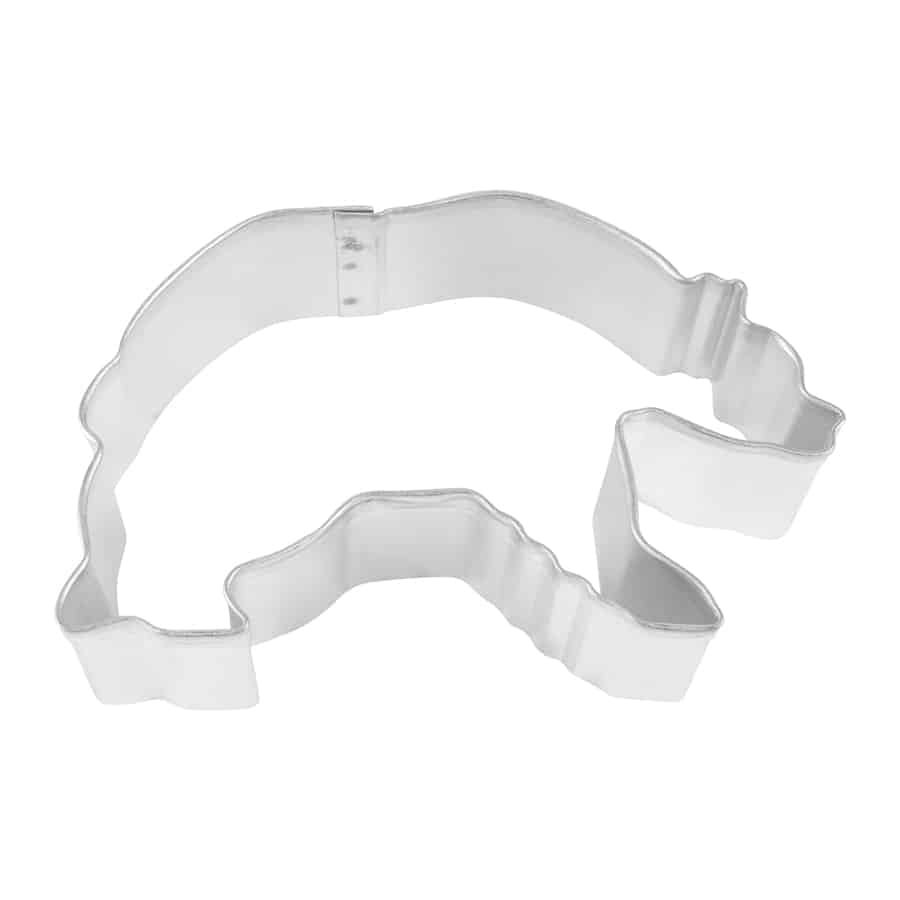 Grizzly bear-shaped tin cookie cutter with sharp edges, shown from the top.