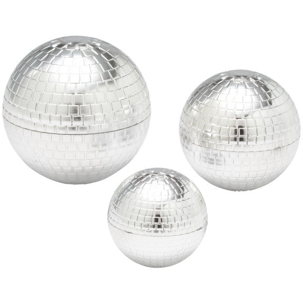 A set of three reflective disco ball cake toppers in different sizes with a shiny, mirrored surface.