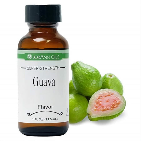 LorAnn Oils Super Strength Guava Flavor in a 1 fl oz bottle, with ripe guava fruit and cross section, capturing the tropical and sweetly aromatic flavor.
