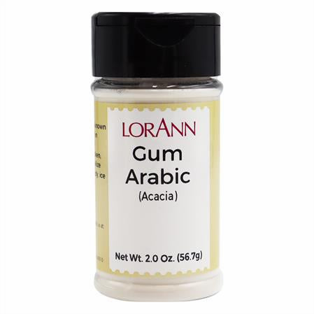 Image of LorAnn Gum Arabic powder in a 2 oz (56.7g) container, labeled for confectionery use including gummy and chocolate candies.