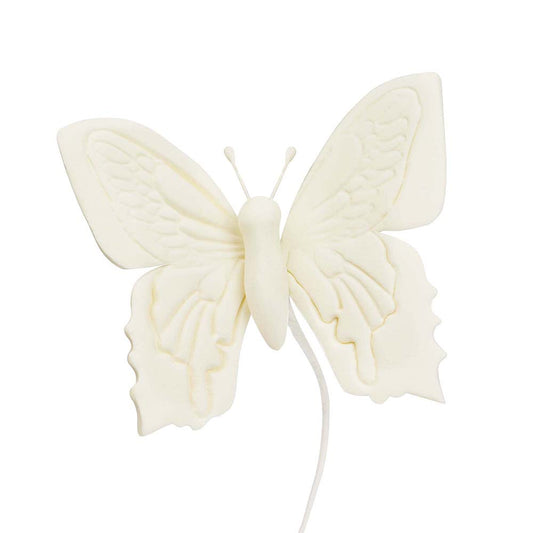 White gum paste butterfly decoration with detailed wings and thin bendable wire attachment, shown on a white background.