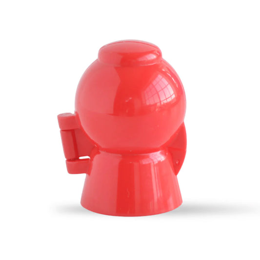 Red two-piece gumball machine shaped cake pop mold with a glossy rounded globe, pedestal base, side hinge, and white background.
