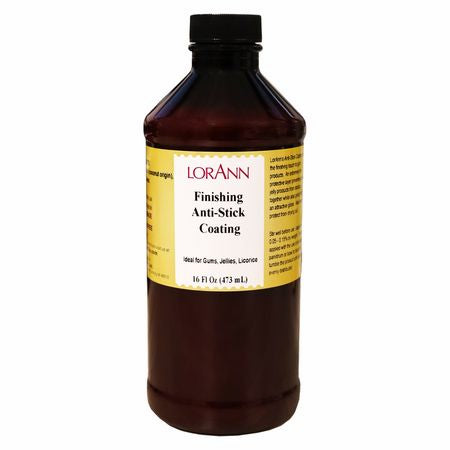Bottle of LorAnn Finishing Anti-Stick Coating, a food-grade liquid used to prevent sticking and add gloss to gummy, jelly, and licorice candies.