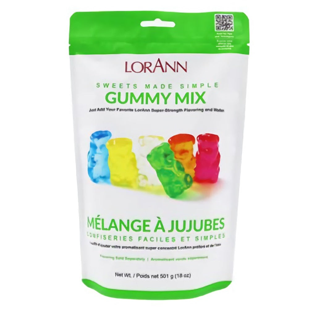 The image shows a colorful bag of LorAnn "Gummy Mix" powder for making homemade gummy candies. The bag is green and white with images of gummy bears and a clear window showing the mix. It weighs 50 grams (1.76 ounces).