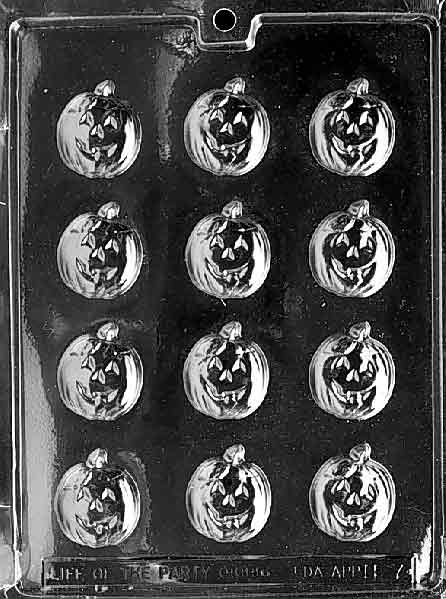 Pumpkin Mints mold, small round discs with pumpkin emboss.