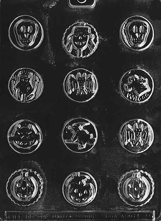Assorted Mints mold, round chocolate discs with varied embossed designs.