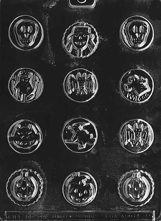Assorted Mints mold, round chocolate discs with varied embossed designs.