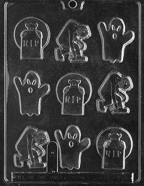 Assorted RIP Halloween mold featuring gravestone-inspired shapes for chocolate making.