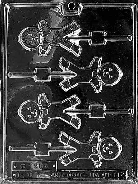 Cute Scarecrow Lollipop mold with a friendly farm scarecrow design for chocolate making.