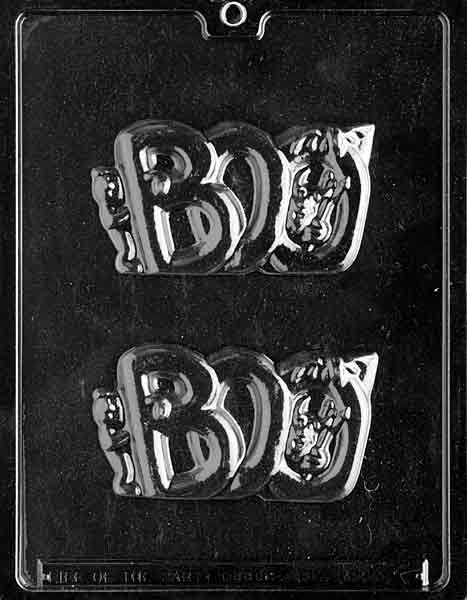 BOO Lollipop mold featuring bold Halloween lettering for chocolate lollipops.