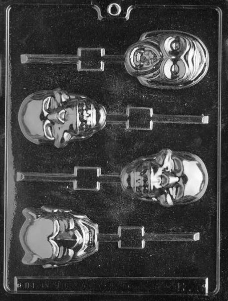 Scary Faces Lollipop mold with creepy character designs for chocolate lollipops.