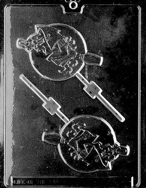 Witch on Broom Lollipop mold showing a witch silhouette on broomstick for chocolate.