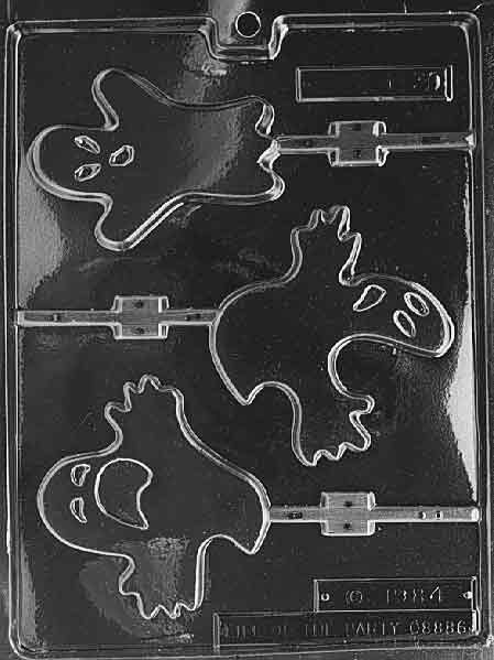 Ghost Lollipop mold with three unique spooky ghost designs for Halloween chocolate lollipops.