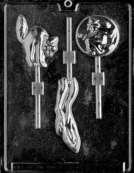 Ghost, Cat, and Witch Lollipop mold featuring three festive Halloween shapes for chocolate lollipops.
