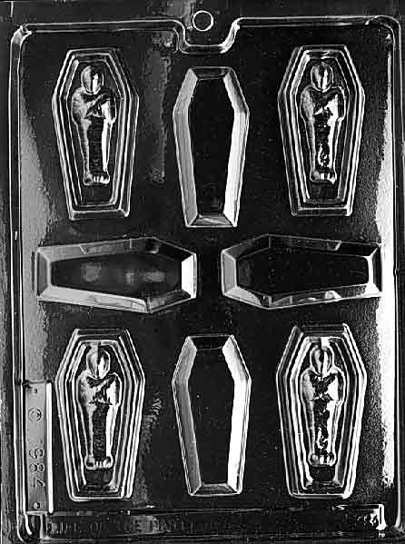 Casket with Mummy mold featuring a spooky chocolate coffin design with mummy detail.