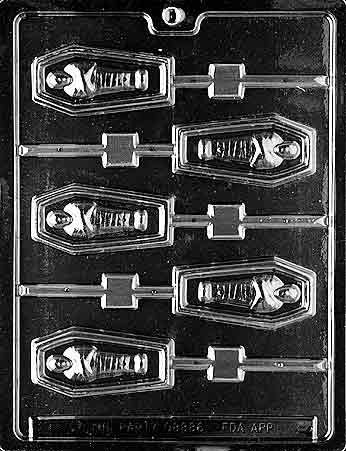 Casket Lollipop mold featuring coffin-shaped chocolate pop designs for Halloween.