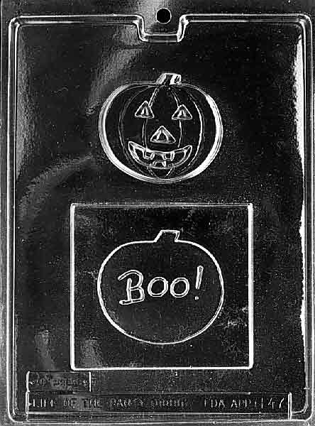Pumpkin Greeting mold designed for larger chocolate pieces shaped like pumpkins.