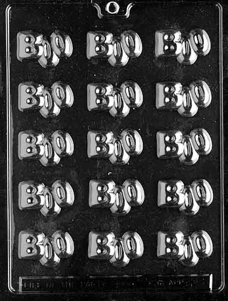 Bite-Sized Boo's mold featuring chocolate pieces with “BOO” text.