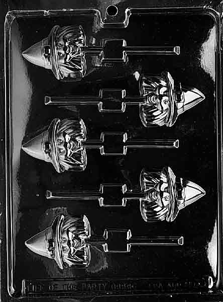 Witch Head Lollipop mold creating witch head-shaped chocolate pops.