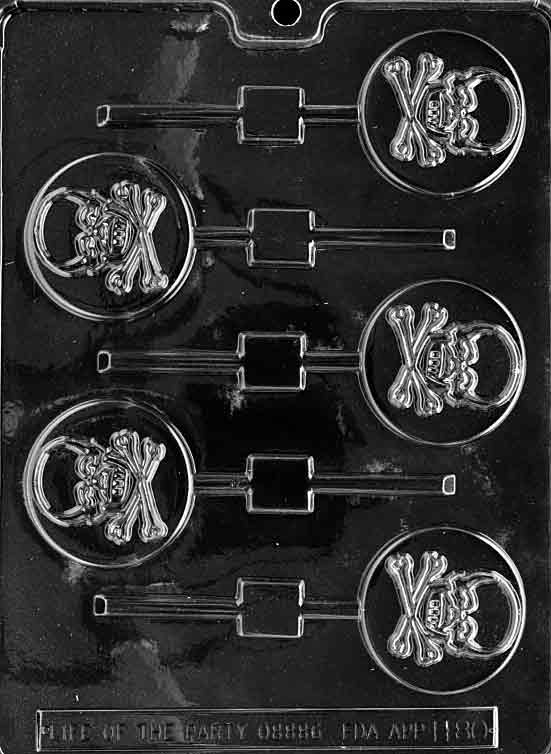 SKULL AND CROSSBONES Lollipop mold, round pop with skull emblem for chocolates.