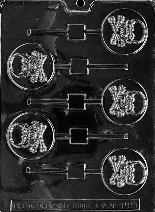 SKULL AND CROSSBONES Lollipop mold, round pop with skull emblem for chocolates.