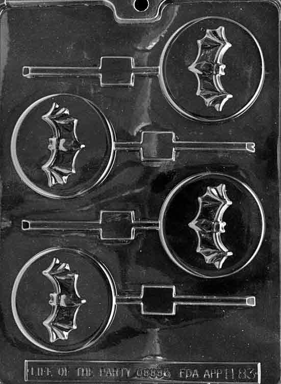 BAT ON MOON Lollipop mold, round pop with bat silhouette over crescent moon.