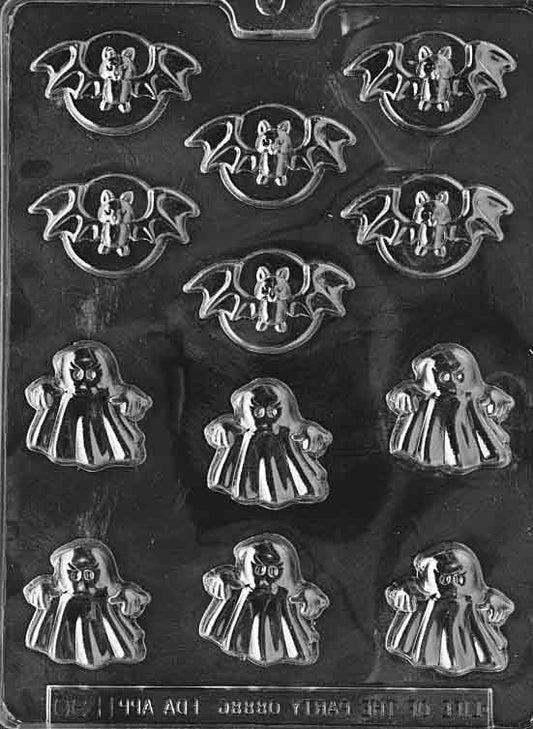 BATS AND GHOSTS mold, bite-size bat and ghost chocolate cavities.