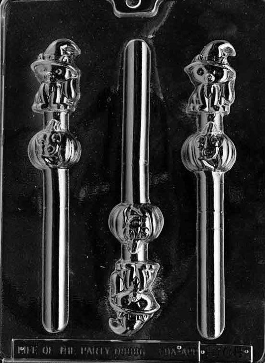 Cat/Pumpkin Pretzel Pop mold H108, narrow topper showing black cat perched on carved pumpkin; fits a pretzel rod, orange and black details.
